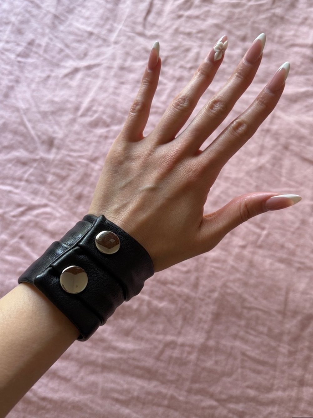 Black Leather Wide Snap Wristband with Silver Hardware